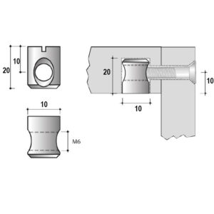 Tappimutteri M6x10x20 mm sinkitty
